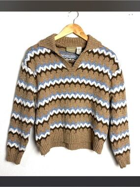 Wool cotton vtg 90s Liz Claiborne Chevron V-Neck Sweater pullover M tan blue